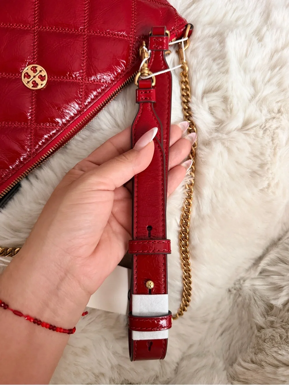 Tory Burch Red Quilted Patent Leather Crossbody Bag with Gold Hardware